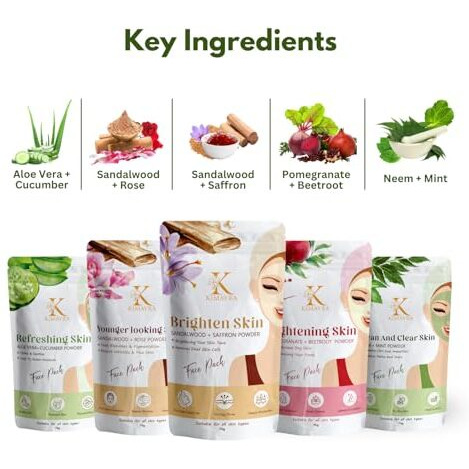 Kimayra Skin Care Combo Powder (Sandalwood + Saffron, Sandalwood + Rose, Aloevera + Cucumber, Pomegranate + Beetroot, Neem + Mint) - Face Pack Combo Powder For Natural Glow Skin - 375Gm (75G X 5 Pack)