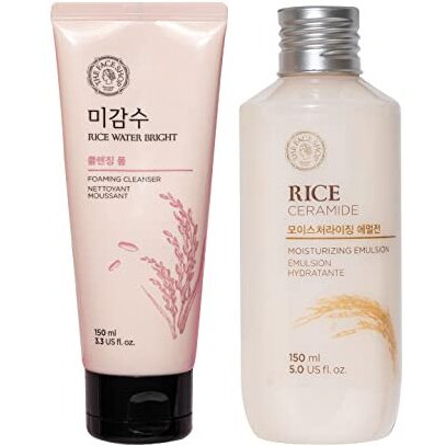 The Face Shop 2 Step Brightening Routine Combo | Rice Water Bright Foaming Cleanser (150Ml) + Rice & Ceramide Moisturizing Emulsion (150Ml)