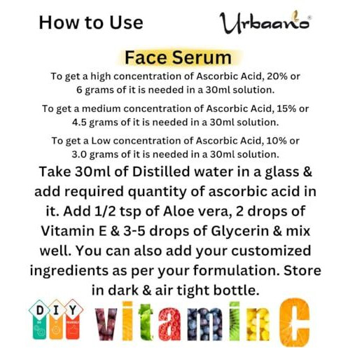 Urbaano Herbal L-Ascorbic Acid (Vitamin C Powder) Diy For Making Serum, Soap, Cream, Lotion & Face Wash For Face, Skin & Body (100Gm)