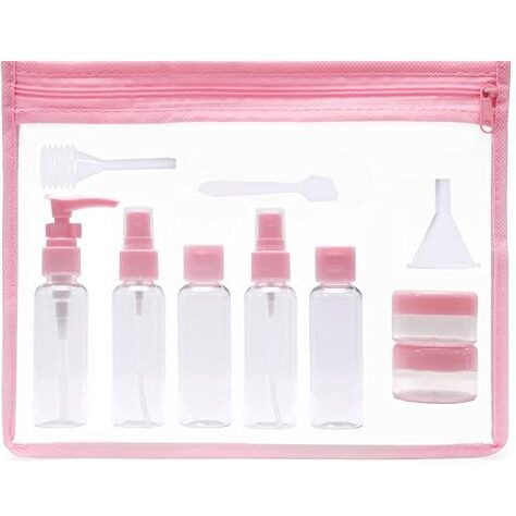 Inovera (Label) 10 Pcs Travel Toiletry Bottles Kit - Refillable Spray Bottle - Cosmetic Containers For Shampoo, Body Lotion, Cream - Travelling Toiletries Container Set (Pink)