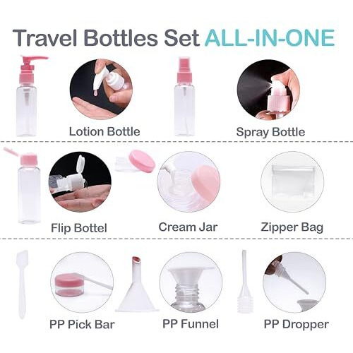 Inovera (Label) 10 Pcs Travel Toiletry Bottles Kit - Refillable Spray Bottle - Cosmetic Containers For Shampoo, Body Lotion, Cream - Travelling Toiletries Container Set (Pink)