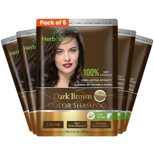 Herbishh Dark Brown Hair Color Shampoo (25Ml X 5 Sachets) | Ammonia Free Hair Color Shampoo For Men, Dark Brown Permanent Hair Dye Shampoo For Women, 5 Minutes Hair Colour
