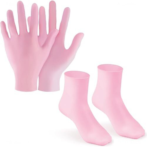 Lanffia 2 Pairs Silicone Moisturizing Glove Socks Set, Anti Slip Soft Spa Gel Socks Softening Feet Dry Cracked Skin, Women Spa Pedicure Socks For Foot Hand Softening, Foot Care After Pedicure (Pink)