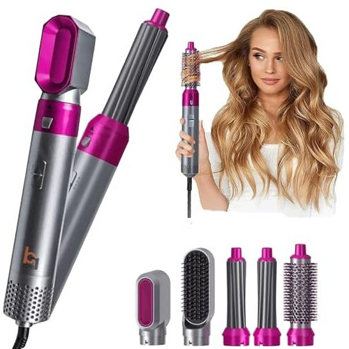 5-In-1 Hot Air Brush Styler | 1000W Heating Hair Dryer & Curler Comb With Auto-Curl Function | Multifunctional Styling For All Hair Types, 3 Heat Levels Hot Air Brush 5 In 1 Hair Styling Tool-Plump Blow Drying Brush With Detachable Head For Straightening, Curling And Drying ( Pink )
