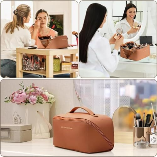 Rntr Multipurpose Cosmetic Bag For Women | Waterproof Travel Makeup Organizer | Stylish Toiletry Pouch With Large Storage (Lather Bag, Brown)