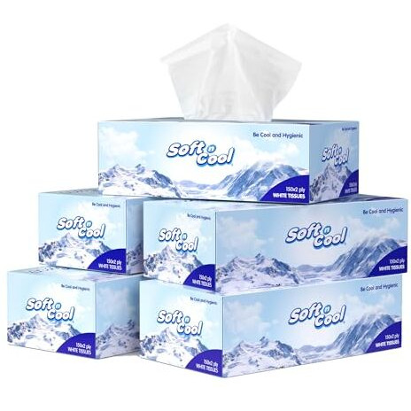 Soft N Cool 2 Ply Facial Tissue Box | Car Tissue | Pack Of 5 (150 Pulls Per Box, 750 Sheets) |100% Pure, Natural Virgin Paper - Ultra Soft, Absorbent Travel Essential | Made In Dubai (U.A.E)
