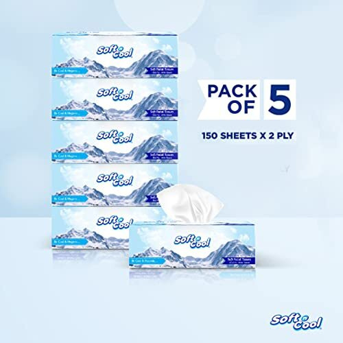 Soft N Cool 2 Ply Facial Tissue Box | Car Tissue | Pack Of 5 (150 Pulls Per Box, 750 Sheets) |100% Pure, Natural Virgin Paper - Ultra Soft, Absorbent Travel Essential | Made In Dubai (U.A.E)