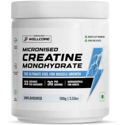Wellcore - Pure Micronised Creatine Monohydrate | Unflavoured (100G, 33 Servings) | Rapid Absorption | Enhanced Muscle Strength And Power | Fast Recovery | Increased Muscle Mass