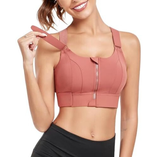 Glamoras Women Polyester Spandex Padded Wirefree High Impact Work Out Bra With Support Front Zipper Gym Padded Bras With Adjustable Straps Criss Cross Back Gym Yoga Workout Running, Size M-2Xl Peach