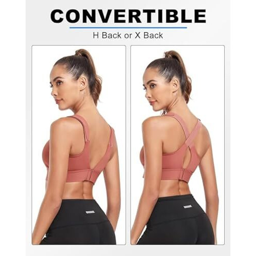 Glamoras Women Polyester Spandex Padded Wirefree High Impact Work Out Bra With Support Front Zipper Gym Padded Bras With Adjustable Straps Criss Cross Back Gym Yoga Workout Running, Size M-2Xl Peach