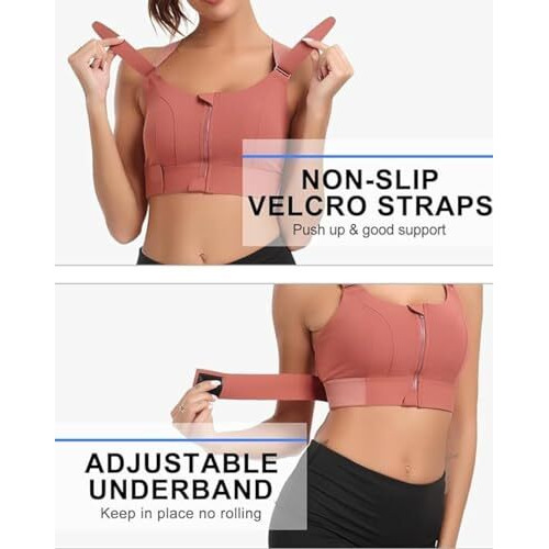 Glamoras Women Polyester Spandex Padded Wirefree High Impact Work Out Bra With Support Front Zipper Gym Padded Bras With Adjustable Straps Criss Cross Back Gym Yoga Workout Running, Size M-2Xl Peach