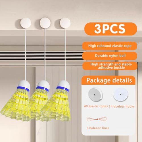 Proberos Badminton Self-Practice, 3 Ballsbouncing Badminton Ball For Training Self Adhesive With Elastic Cord, 40 Elastic Rope Replacement, Portable Practice Equipment (Non-Illuminating Style)