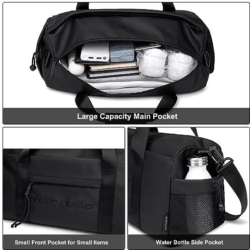 Arctic Hunter Sport Travel Duffle Bag For Men Women 28L Polyester Gym Bag With Shoe Compartment Handbag Detachable Shoulder Strap Water-Resistant Multi-Pockets Sleek Training Swimming Duffel Bag,Black