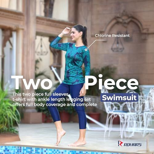 Rovars Two Piece Swimming Costume For Women With Pads (Green, L)