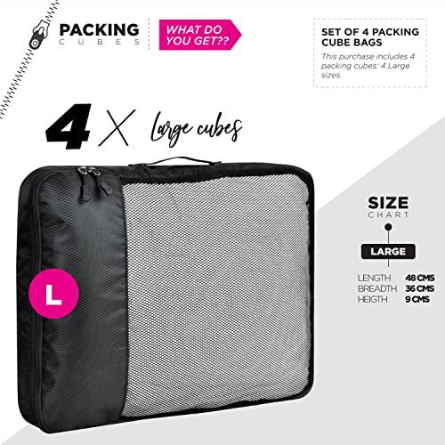 Fatmug Polyester Packing Cubes Travel Pouch Bag Suitcase Luggage Organiser (Set Of 4, Size- Large, Black)