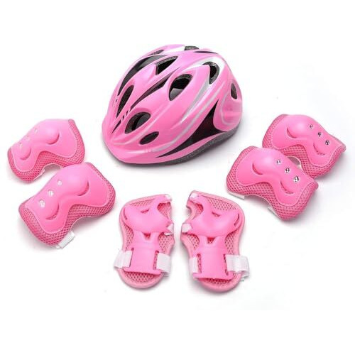 Jern  7 Pieces Kids Children Plastic Roller Skating Bicycle Cycling Scooter Helmet Knee Elbow Pad Wrist Guard Set (Pink)