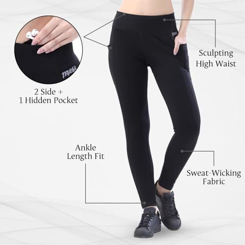 Trasa Active Yoga Pants For Womens Gym High Rise With 3 Pockets, Tummy Control, Workout Pants 4 Way Stretch Yoga Leggings - Black, Size - 4Xl