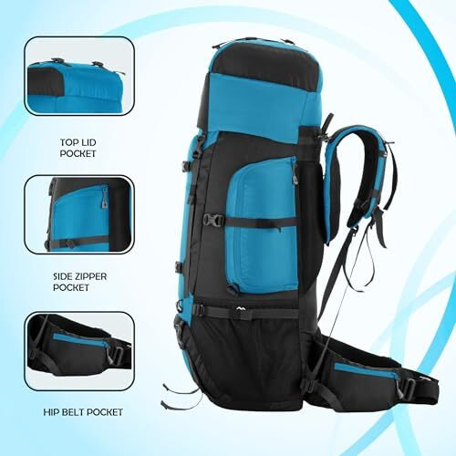 Trawoc Trailmaster 80L Rucksack Bag For Men & Women, Large Water Resistant Trekking Hiking Bag Travel Backpack, Sky Blue, 3 Year Warranty