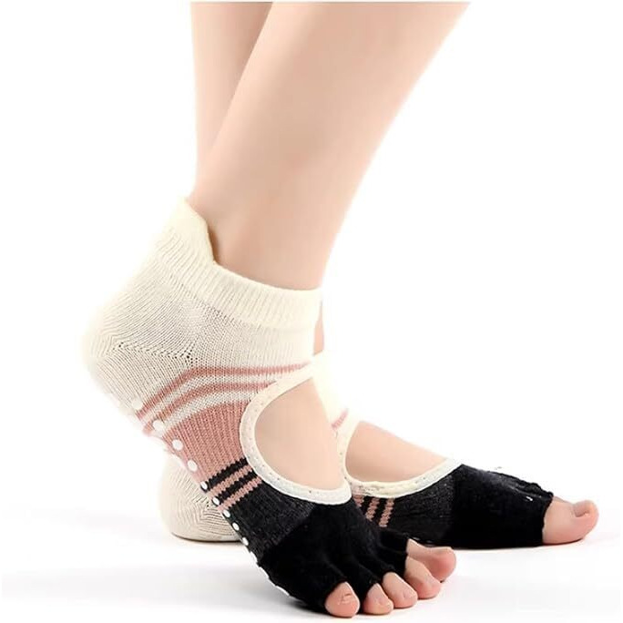 Xfyt Anti-Slip Open Toe Yoga Ankle Length Socks For Women | Breathable Silver Ion Microbial Odour-Free Cotton Spandex Socks | Skid-Resistant For Home Workout Dance Pilates (Pink)