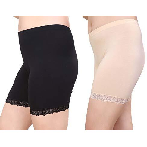 Glamoras Women's Girl's 4 Way Stretch Cotton Lace Cycling Shorts/Yoga Shorts/Under Skirt Shorts/Safety Shorts,(Pack Of 2) Black/Beige