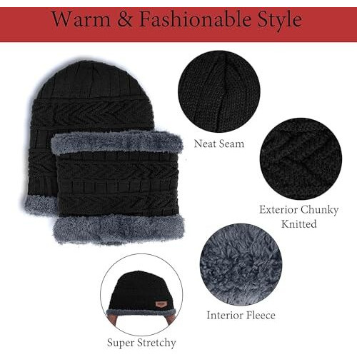 Prime Deals Wool Beanie Cap & Muffler Set For Men & Women - Winter Woolen Headwear With Neck Warmer - Soft, Free Size (Black)