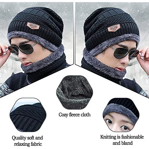 Prime Deals Wool Beanie Cap & Muffler Set For Men & Women - Winter Woolen Headwear With Neck Warmer - Soft, Free Size (Black)
