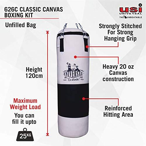 Usi Universal The Unbeatable Boxing Punching Bag, 626C Classic Tough Canvas Un-Filled Boxing Bag, 120Cm Punching Bag Without Chain For Kickboxing, Heavy 20Oz Canvas Material, Reinforced Hitting Area