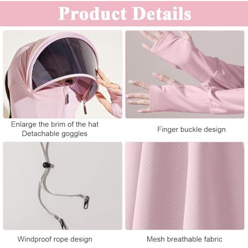 Palay Women's Upf 50+ Sun Protection Zip Nylon Standard Length Hoodie Jacket Long Sleeve Breathable Sun Shirt Hiking Outdoor Quick Dry Fit Athletic Lightweight Detachable Sunglass, Pink