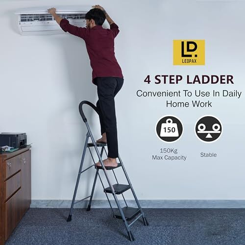 Leopax 4 Step Ladder - Safety-Clutch Lock Foldable Step Ladder For Home Use Heavy Duty Step Stool Foldable Metal Iron - Wide Anti Skid Steps - 2 Year Manufacturer Warranty