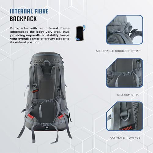 Trawoc Fusion X 50 Litre Internal Fiber Frame Travel Bag Front & Top Open Backpack For Hiking Trekking Camping, Rucksack Bag For Men & Women With Rain Cover And Shoe Compartment, Grey Shk018
