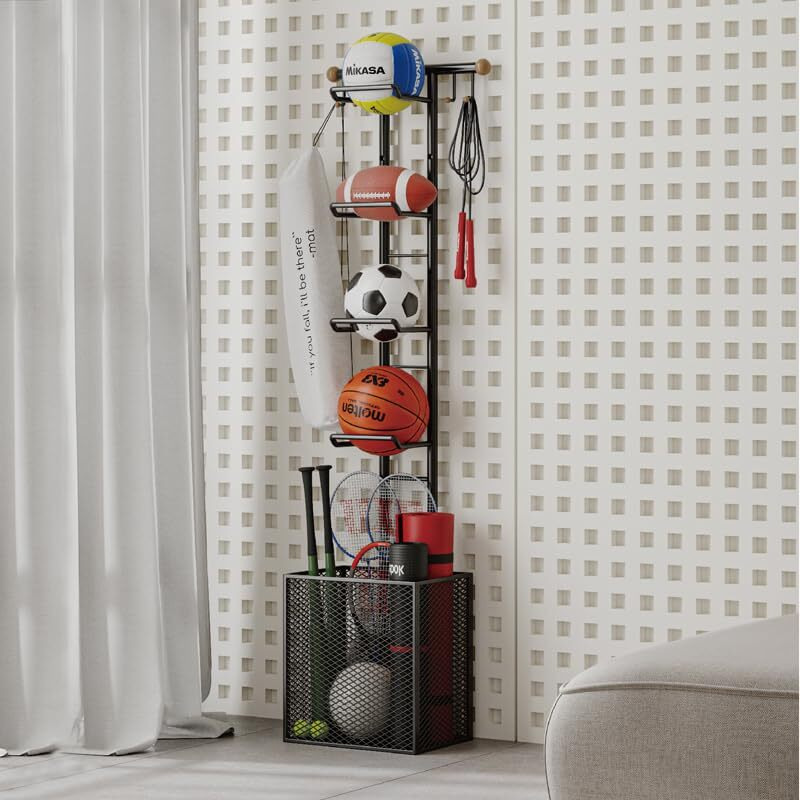 Arhat Organizers Portable 4-Tier Sports Ball Storage Stand With Basket | Freestanding Sports Equipment Organizer Rack | For Basketball, Football, Volley Ball, Bats Etc | Garage Sports Organizer Stand