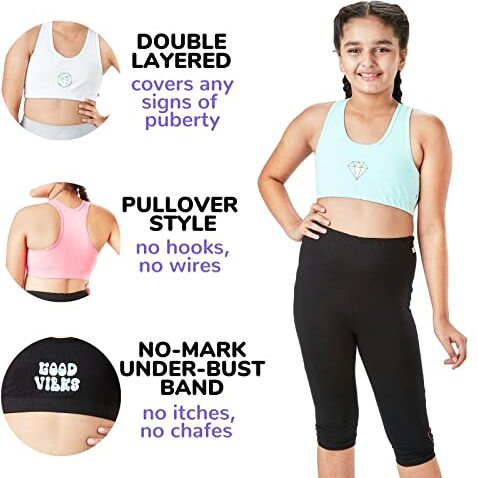 Yougotplanb Girl's Cotton Blend Non-Padded Non-Wired Dazzle Sports Bra - (Sbnp-Dazzle_Multicolor_12-14 Years) Combo Pack Of 2
