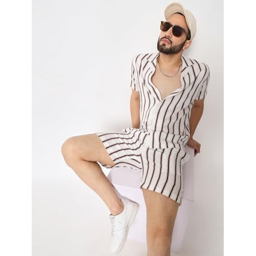 Flosive Co-Ord Set For Men (Xl, White & Brown)