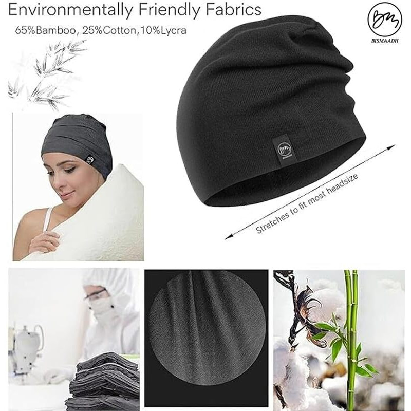 Bismaadh Cotton Beanie Hat Slouchy Jersey Soft Hats Skull Caps Lightweight Sleep Cap Summer Running Beanies For Unisex, Free Size, Black
