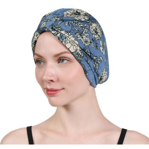 Sannidhi Chemo Caps For Women, Cotton Head Scarf For Women, Floral Print Cancer Headwrap, Soft Turban Beanie Skull Cover Cap (Satin Liner) Blue