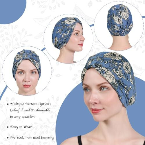Sannidhi Chemo Caps For Women, Cotton Head Scarf For Women, Floral Print Cancer Headwrap, Soft Turban Beanie Skull Cover Cap (Satin Liner) Blue