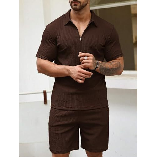 Vogaan Men's Polo Shirt And Shorts Set | Summer Fashion Short Sleeve Solid Zipper 2 Pieces Outfits For Men (Brown_L)