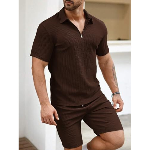Vogaan Men's Polo Shirt And Shorts Set | Summer Fashion Short Sleeve Solid Zipper 2 Pieces Outfits For Men (Brown_L)