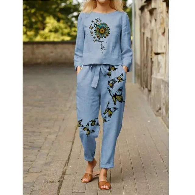 Stylescope Women's Cotton Blend Butterfly Printed Crop Top Co-Ords Set|Coordinate Set|Summer Wear| Printed Crop Top With Pant Set (Cs Butterfly Sky Blue_Xl_Sky Blue_X-Large)