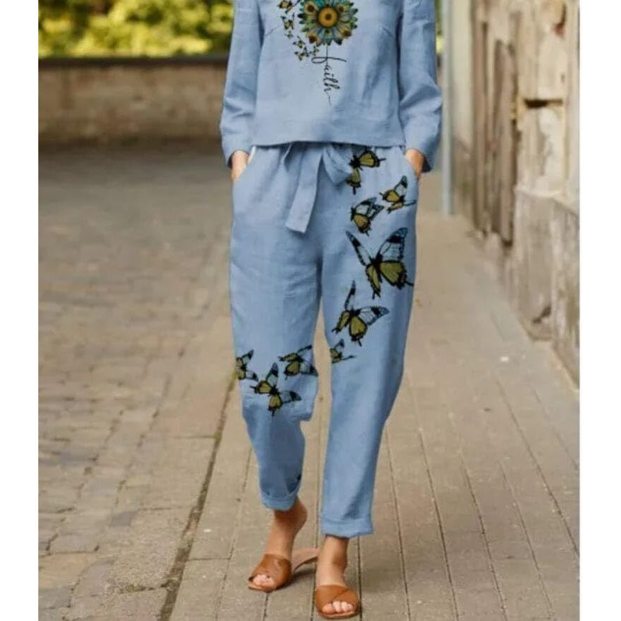 Stylescope Women's Cotton Blend Butterfly Printed Crop Top Co-Ords Set|Coordinate Set|Summer Wear| Printed Crop Top With Pant Set (Cs Butterfly Sky Blue_Xl_Sky Blue_X-Large)