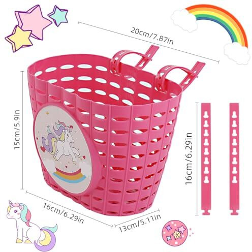 Proberos Girls Bike Basket, Kids Plastic Bicycle Front Basket Cute Pink Unicorn Adjustable Fastening Strap Design Universal Basket For Kids Bicycle, Scooter, Tricycles, 20X13X15Cm
