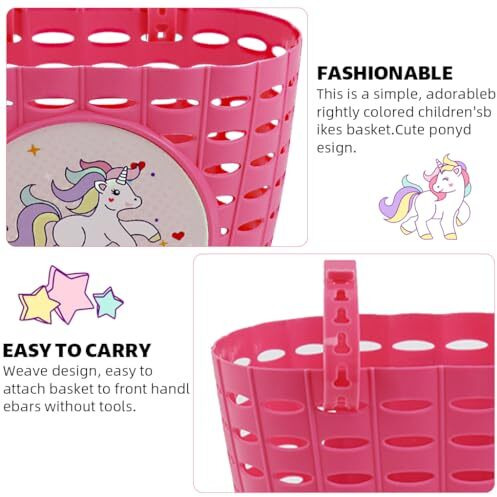 Proberos Girls Bike Basket, Kids Plastic Bicycle Front Basket Cute Pink Unicorn Adjustable Fastening Strap Design Universal Basket For Kids Bicycle, Scooter, Tricycles, 20X13X15Cm