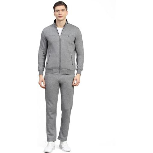 Monte Carlo Mens Grey Solid Stand Collar Full Sleeve Tracksuit (223061479-1-42)