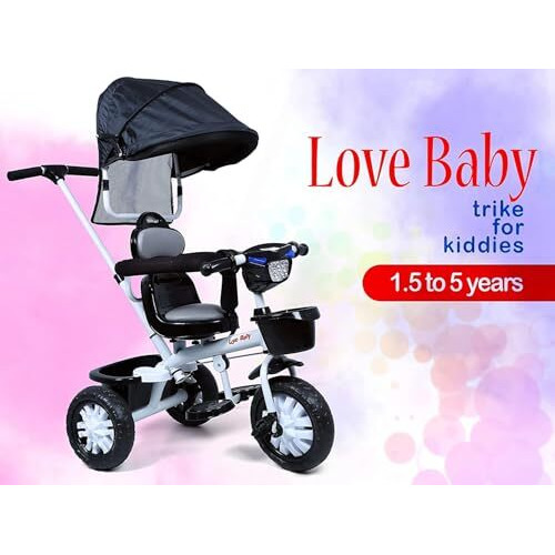 Kidsroar Stroller Tricycle For Kids For 1 Year+ | 2 Year+ Baby Cycle With Rotational Leather Seat | Light Music | Removable Canopy | Push Handle | 4 In 1 Baby Cycle For 1 Year Kids (573R), Black