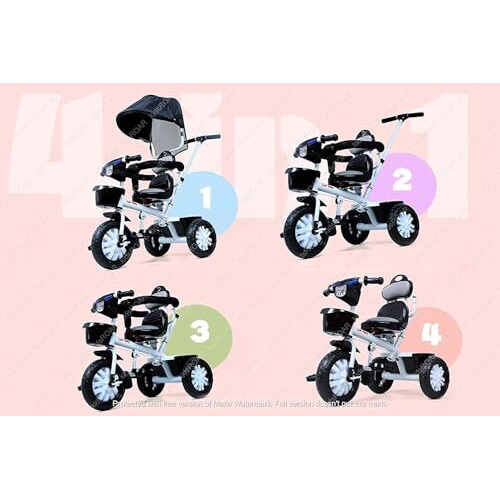 Kidsroar Stroller Tricycle For Kids For 1 Year+ | 2 Year+ Baby Cycle With Rotational Leather Seat | Light Music | Removable Canopy | Push Handle | 4 In 1 Baby Cycle For 1 Year Kids (573R), Black