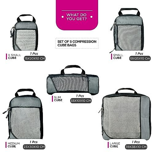 Fatmug Polyester Compression Cube - Space Saving Clothing Organizer For Travel And Home (Set Of 5 Grey)