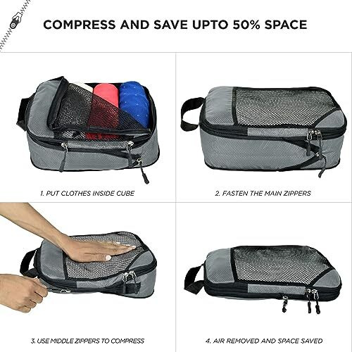 Fatmug Polyester Compression Cube - Space Saving Clothing Organizer For Travel And Home (Set Of 5 Grey)