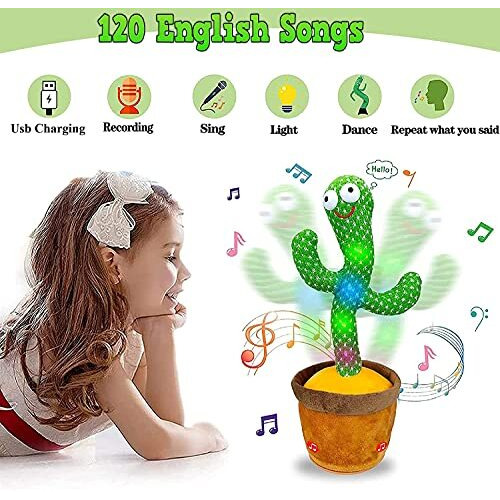 India Toy Epiken Tiktok Dancing Cactus Plush Toy Usb Charging,Sing 120Pcs Songs,Recording,Repeats What You Say And Emit Colored Lights,Gifts Of Fun Toys