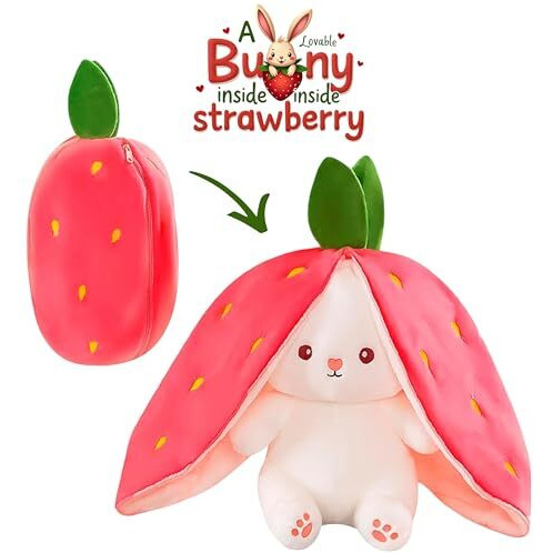 Palscrew Reversible Bunny Rabbit Soft Toy With Chain | Strawberry Shape Plush Stuffed Animal Doll For Girls, Boys, Baby, Kids | Pink Teddy Bear Plushie For Kids & Valentine's Day