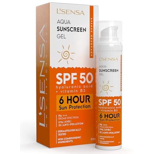 L'sensa Sunscreen Spf 50 For Oily Skin, Anti-Tan, Waterproof Sun Cream, 1% Hyaluronic Aqua Gel, Free From Oxybenzone, For Oily, Combination & Ace Prone Skin, Make-Up Friendly For Women & Men, 50Gram